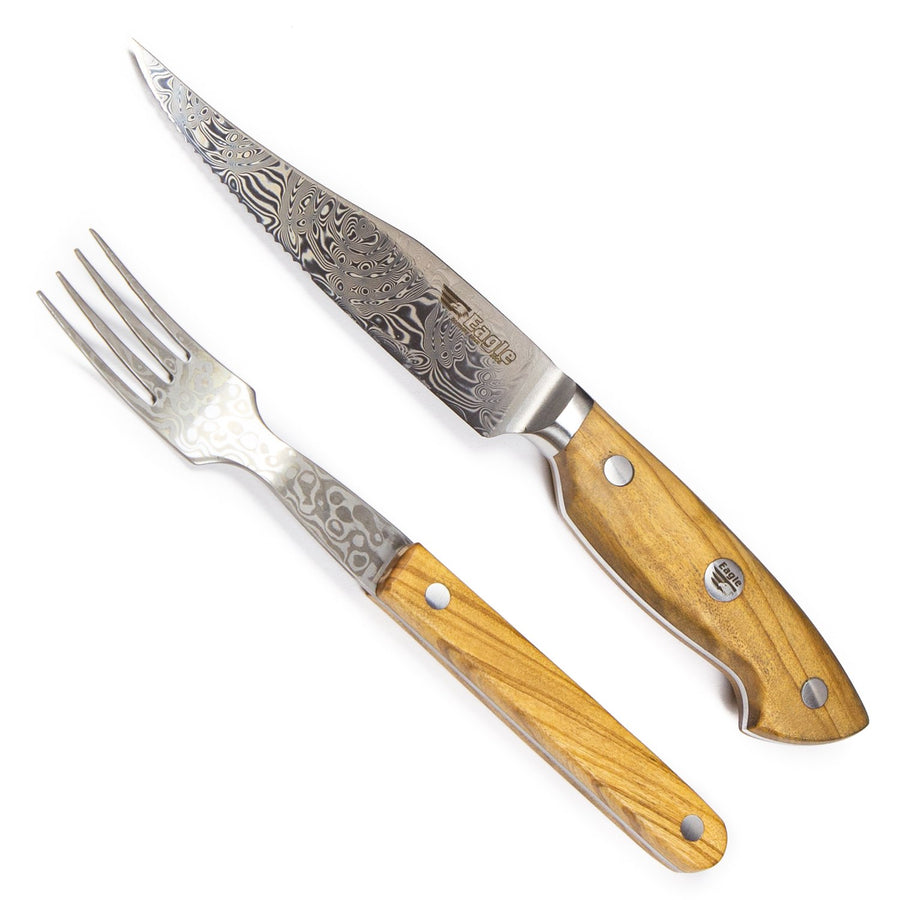 Eagle Pro U-Grip - Steakmesser Set - Voll-Damaststahl 108 Lagen / Heftschalen: Olivenholz aus Süditalien