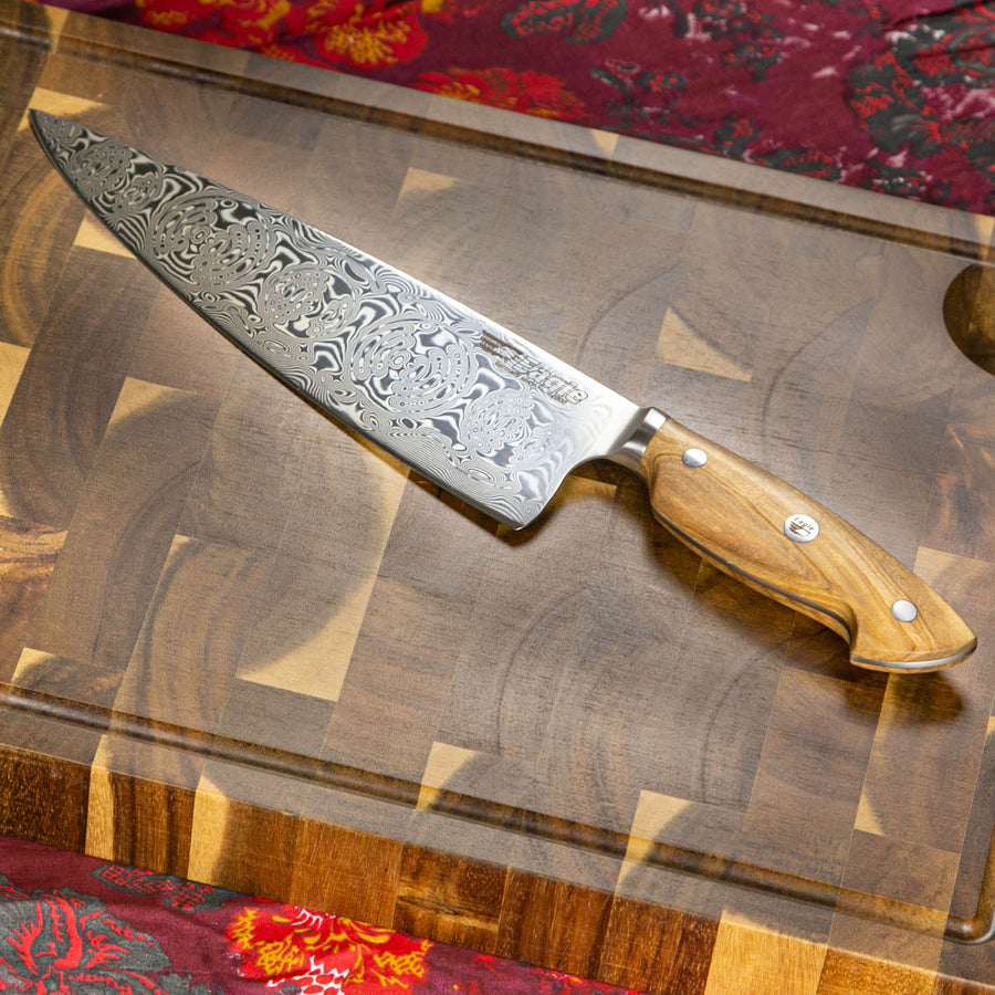 Eagle Pro U-Grip - Chefmesser 23 cm Klingenlänge - Voll-Damaststahl 108 Lagen / Heftschalen: Olivenholz aus Süditalien