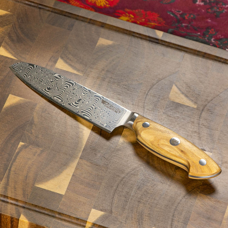 Eagle Pro U-Grip - Santoku-Messer 13 cm Klingenlänge - Voll-Damaststahl 108 Lagen / Heftschalen: Olivenholz aus Süditalien