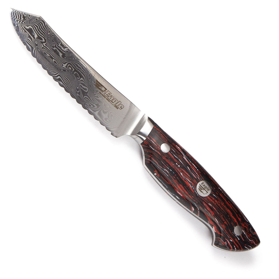 Eagle Pro U-Grip - Brotzeitmesser 11 cm Klingenlänge - Voll-Damaststahl 108 Lagen / Heftschalen: G10 schwarz-rot-weiß