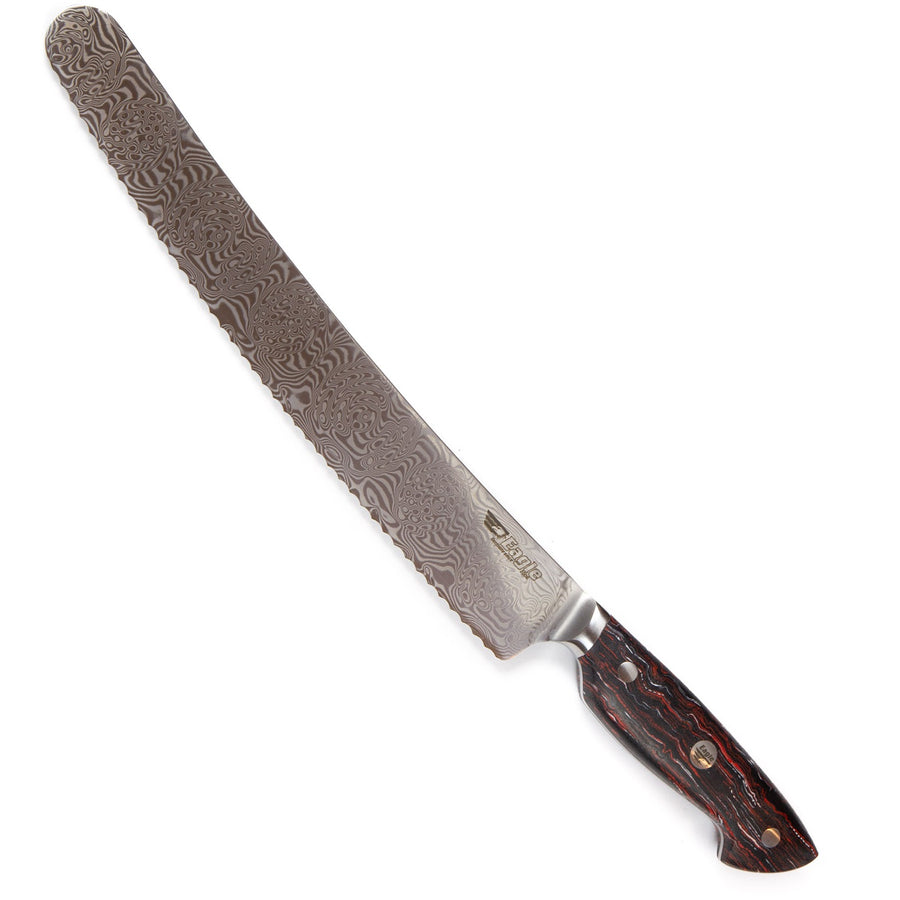 Eagle Pro U-Grip - Brotmesser 26 cm Klingenlänge - Voll-Damaststahl 108 Lagen / Heftschalen: G10 schwarz-rot-weiß