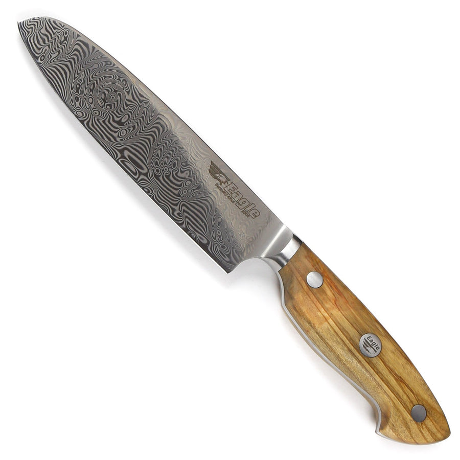 Eagle Pro U-Grip - Santoku-Messer 13 cm Klingenlänge - Voll-Damaststahl 108 Lagen / Heftschalen: Olivenholz aus Süditalien