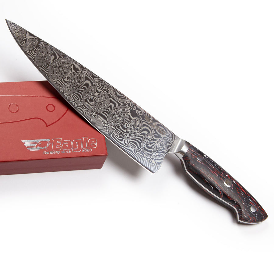 Eagle Pro U-Grip - Chefmesser 23 cm Klingenlänge - Voll-Damaststahl 108 Lagen / Heftschalen: G10 schwarz-rot-weiß