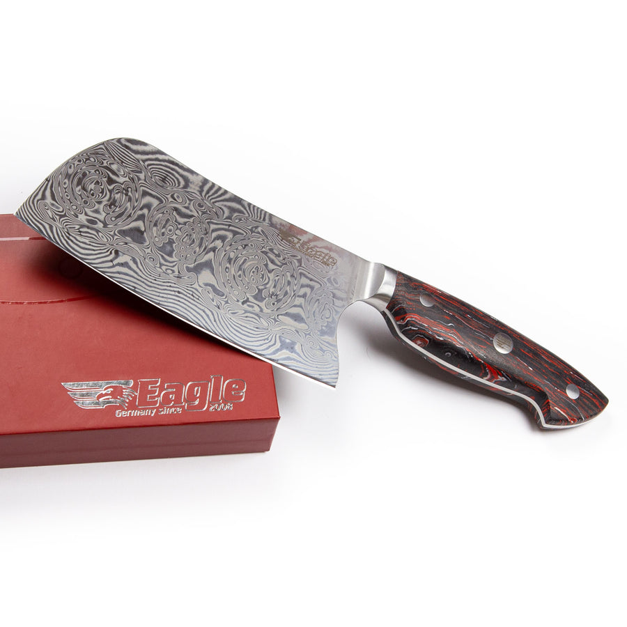 Eagle Pro U-Grip - Chinesisches Kochmesser 16 cm Klingenlänge - Voll-Damaststahl 108 Lagen / Heftschalen: G10 schwarz-rot-weiß