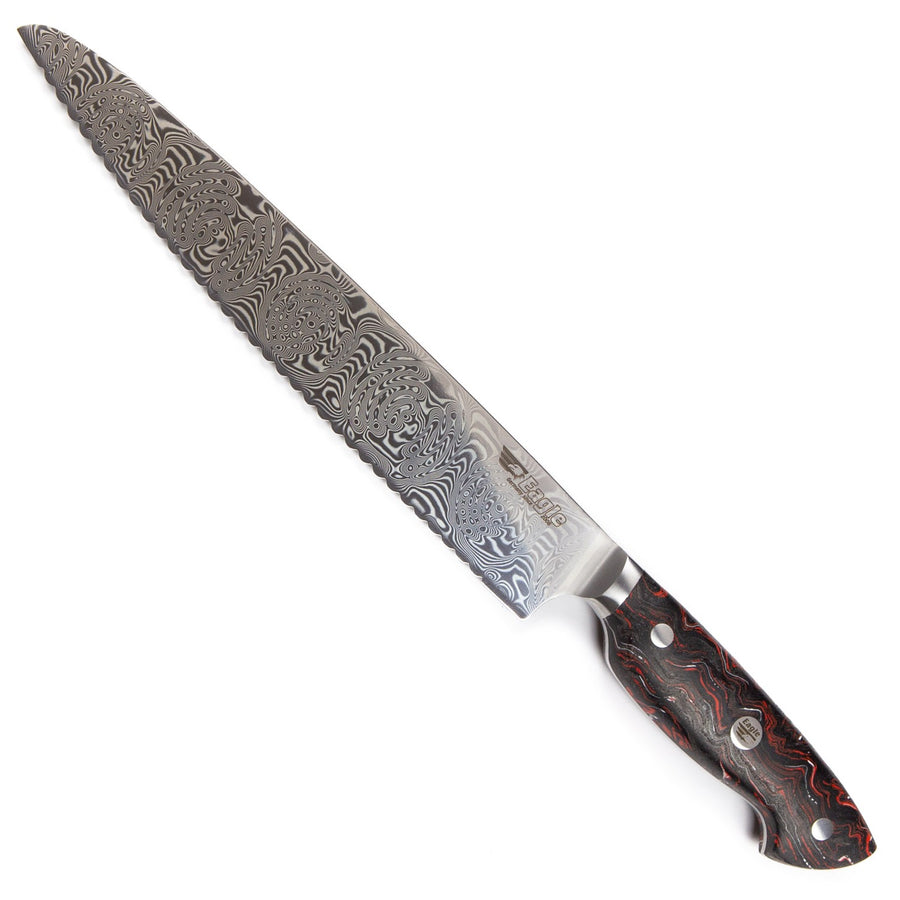 Eagle Pro U-Grip - Brotmesser 23 cm Klingenlänge - Voll-Damaststahl 108 Lagen / Heftschalen: G10 schwarz-rot-weiß