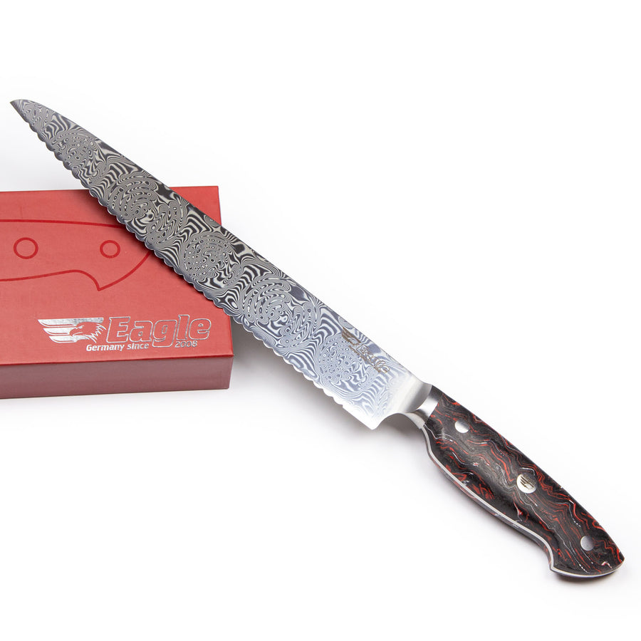 Eagle Pro U-Grip - Brotmesser 23 cm Klingenlänge - Voll-Damaststahl 108 Lagen / Heftschalen: G10 schwarz-rot-weiß