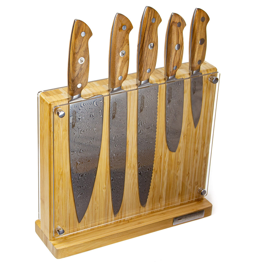 Eagle Pro U-Grip - 5-er Messer-Set mit Bambus Messerblock - Voll-Damaststahl 108 Lagen / Heftschalen: Olivenholz aus Süditalien