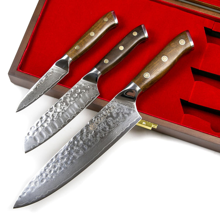 Stallion Damastmesser Ironwood 3er Messerset - Kochmesser, kleines Santokumesser und Officemesser