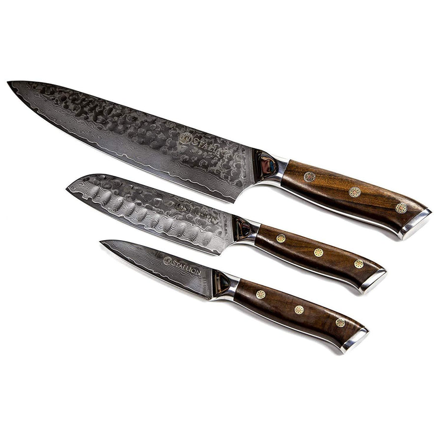 Stallion Damastmesser Ironwood 3er Messerset - Kochmesser, kleines Santokumesser und Officemesser