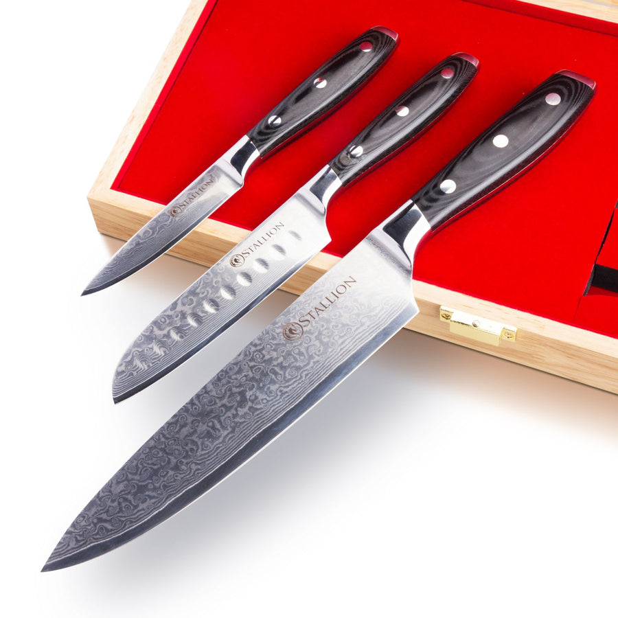 Stallion Damastmesser Wave 3er Messerset - Kochmesser, kleines Santokumesser und Officemesser