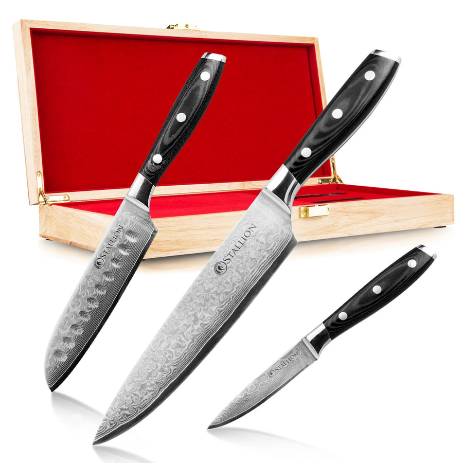 Stallion Damastmesser Wave 3er Messerset - Kochmesser, kleines Santokumesser und Officemesser