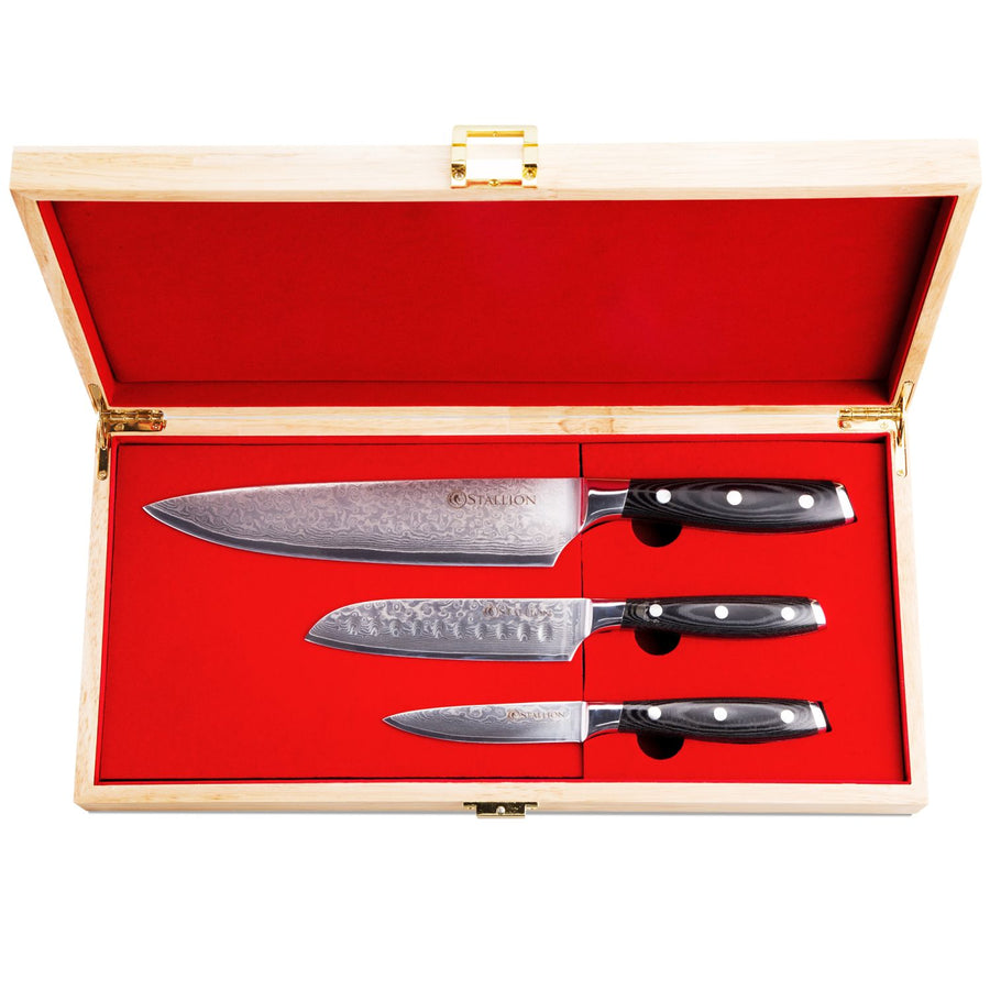 Stallion Damastmesser Wave 3er Messerset - Kochmesser, kleines Santokumesser und Officemesser
