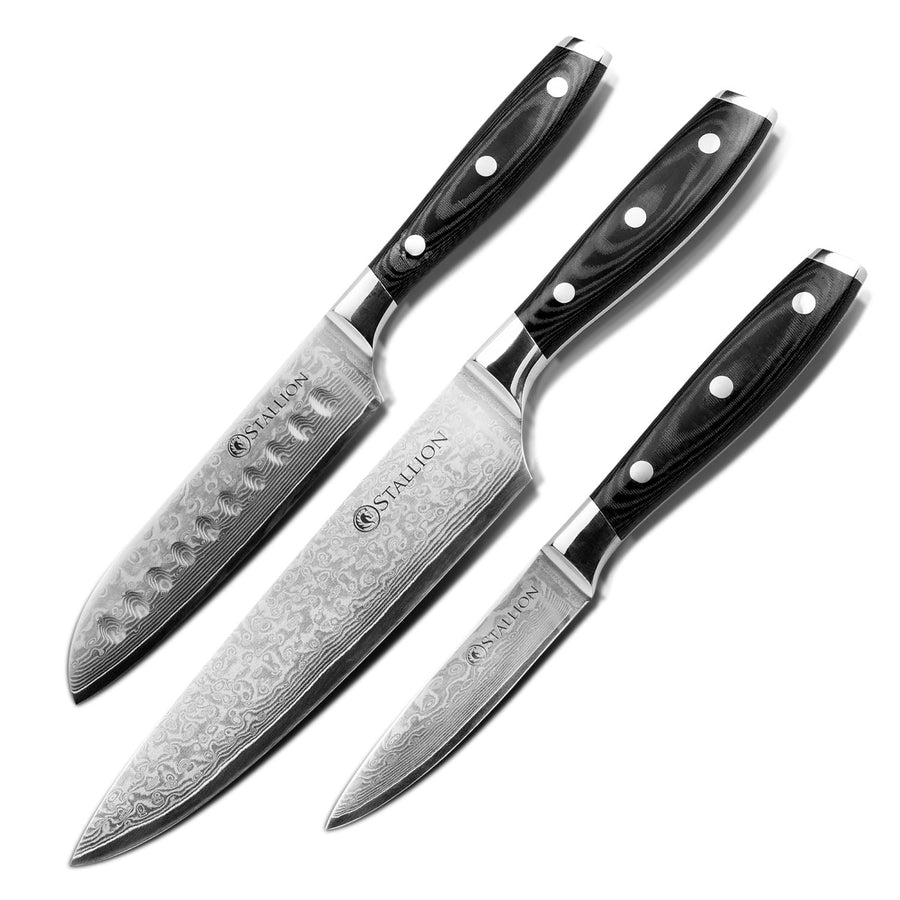 Stallion Damastmesser Wave 3er Messerset - Kochmesser, kleines Santokumesser und Officemesser