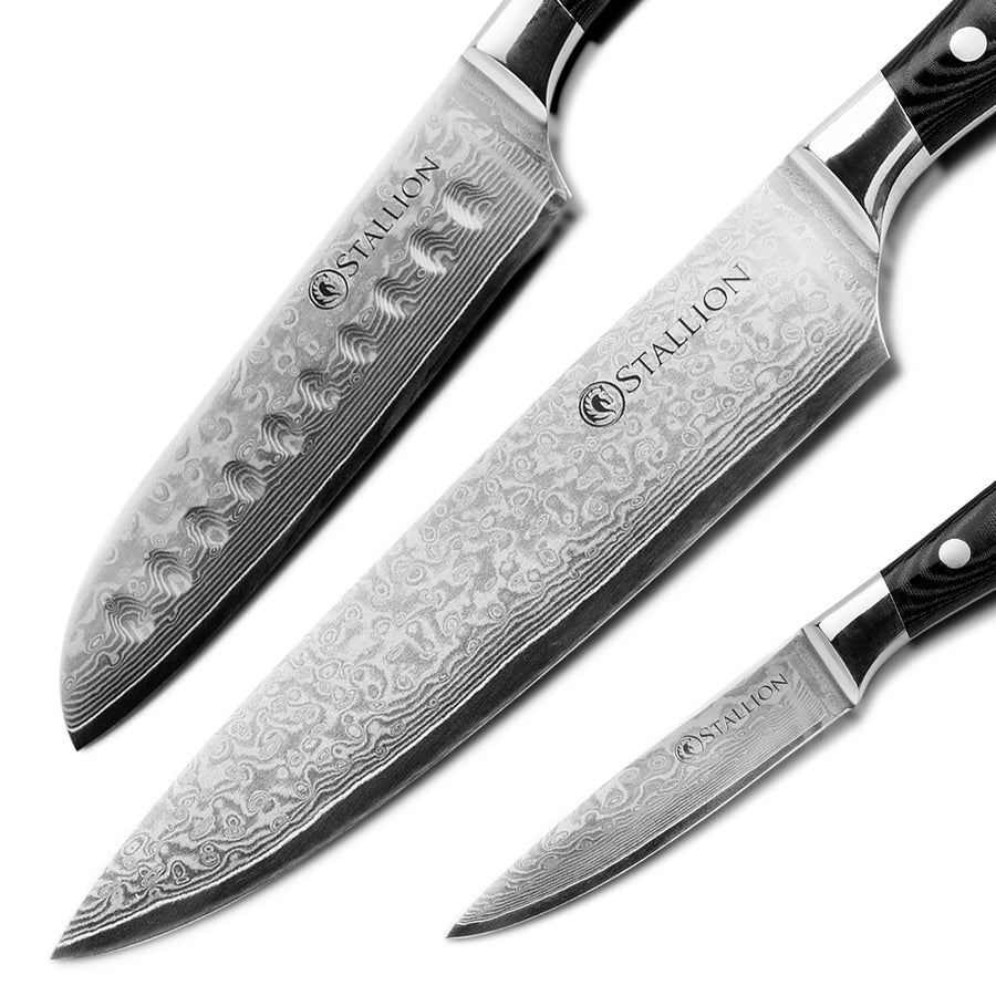 Stallion Damastmesser Wave 3er Messerset - Kochmesser, kleines Santokumesser und Officemesser