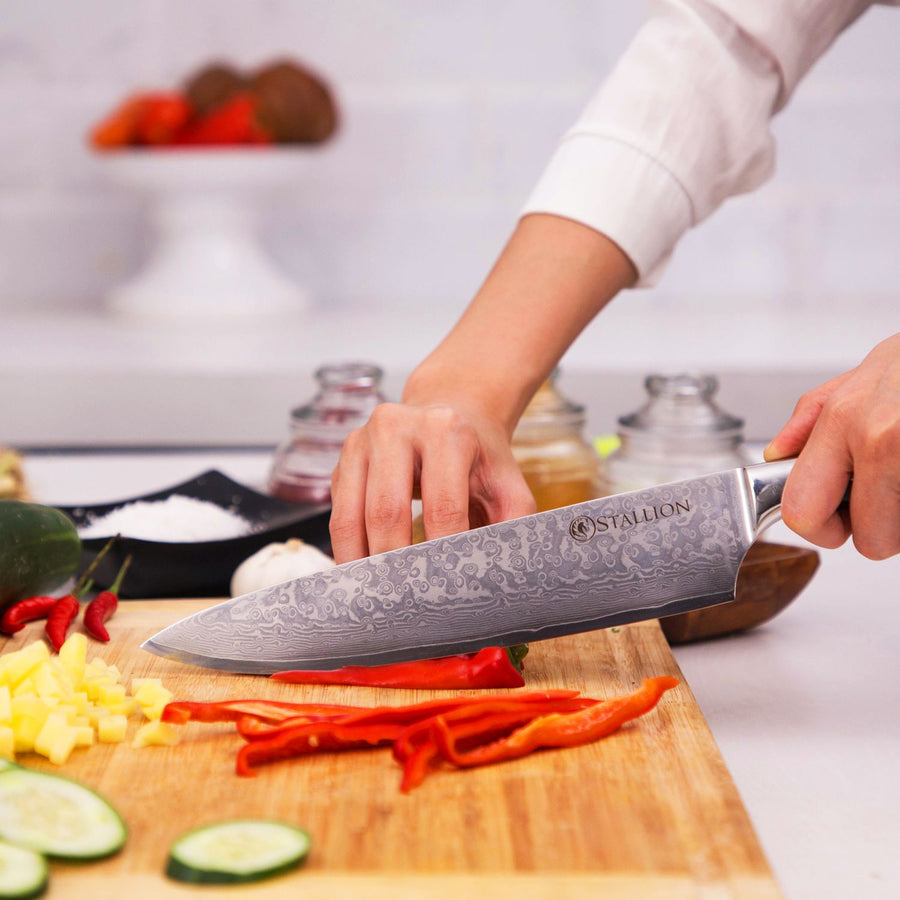 Stallion Damastmesser Wave Großes Chefmesser - Messer mit 22cm Klinge
