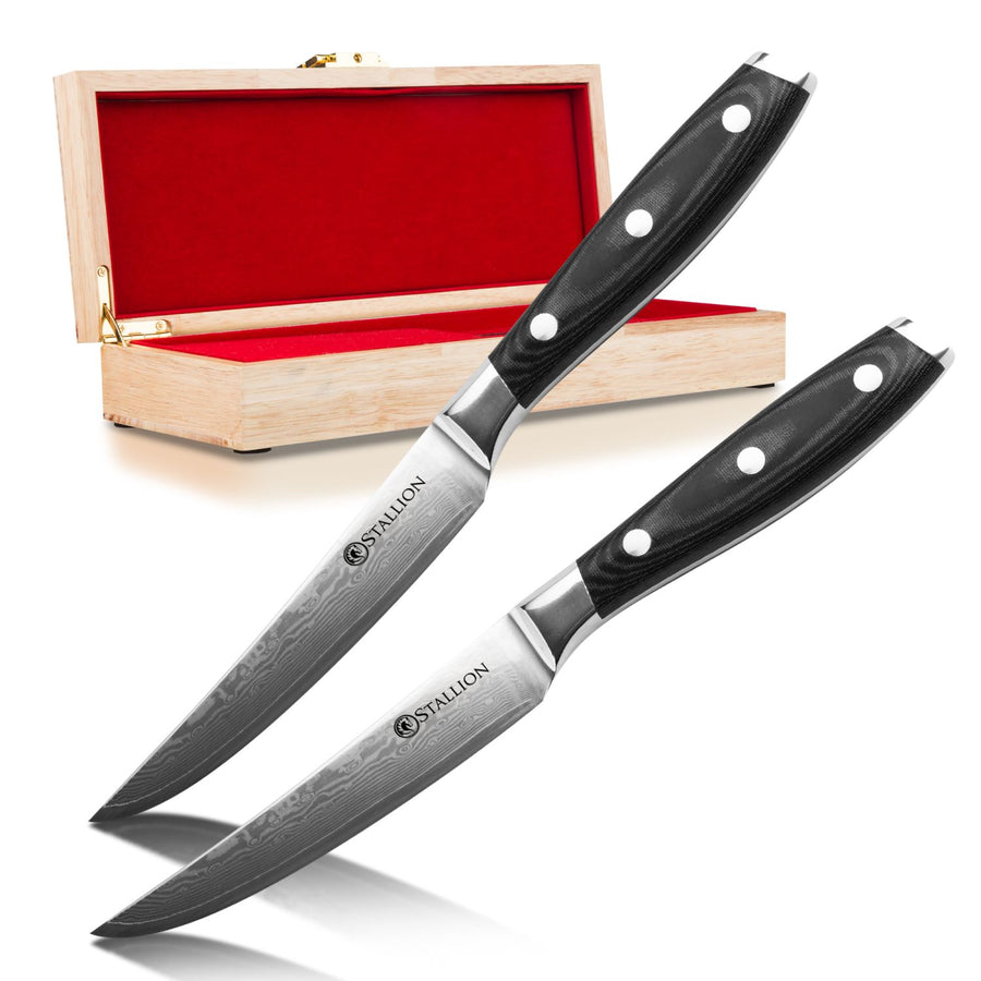Stallion Damastmesser Wave Zwei Steakmesser - Messer aus Damaststahl in Edler Geschenkbox