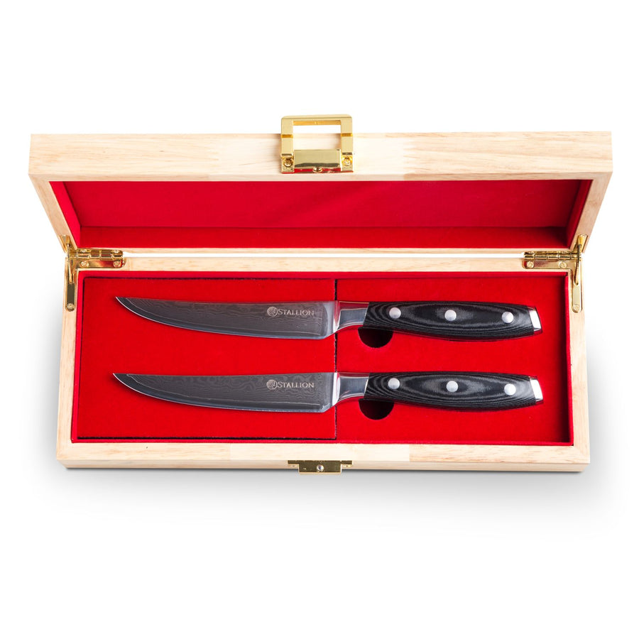 Stallion Damastmesser Wave Zwei Steakmesser - Messer aus Damaststahl in Edler Geschenkbox