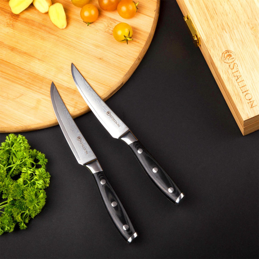 Stallion Damastmesser Wave Zwei Steakmesser - Messer aus Damaststahl in Edler Geschenkbox